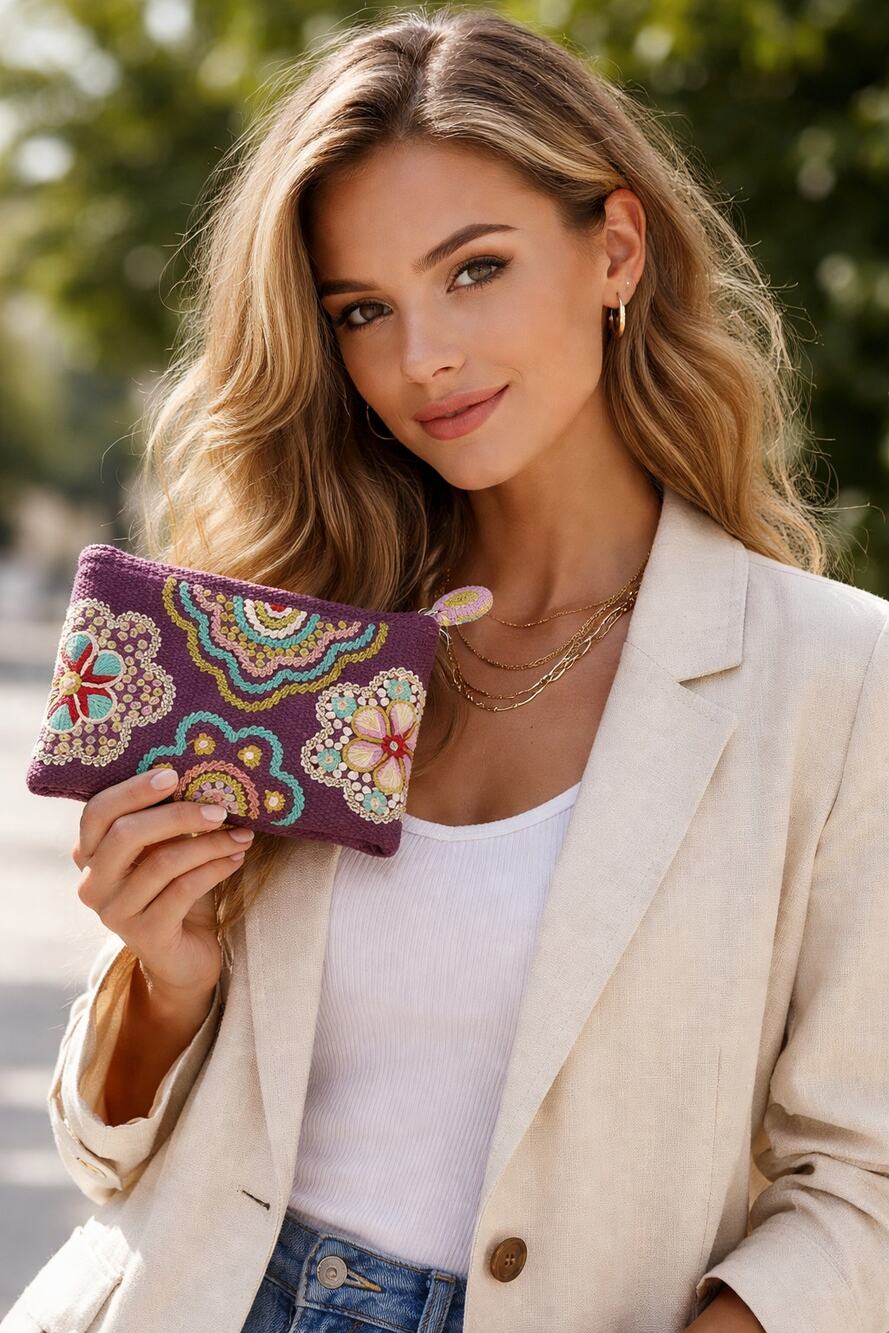 Jenny Krass Purple Embroidered Floral Handcrafted Wool Pouch NWT Y2K Inspired